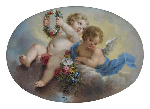 دو پوتی با گل در دست بر روی ابر اثر چارلز دومینیک جوزف آیزن نقاشی 