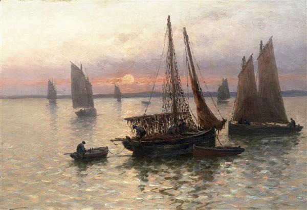 قایق های ماهیگیری برتون در غروب خورشید نقاشی اثر لوئیس اتین تایمرمن