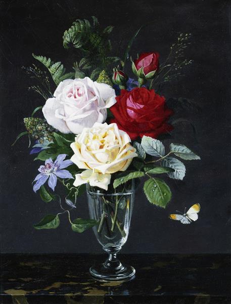 نقاشی طبیعت بی جان از گل رز و کلماتیس اثر اولف آگوست هرمانسن