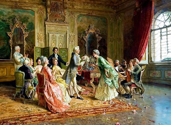 تصویر باکیفیت مهمانی درباری و اهدای گل در عمارت مجلل ویژه پوستر دیواری تالار عروسی و فضاهای تشریفاتی