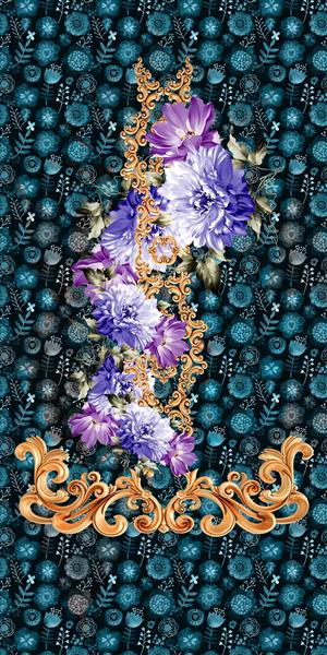 باراک سلطنتی روی پرده سبز آبی با گل های بنفش زیبا
