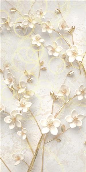 پرده با گل های سفید و دایره های طلایی لوکس