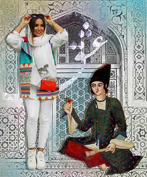 دختری ایستاده با نقاشی قاجاری دیجیتال آرت