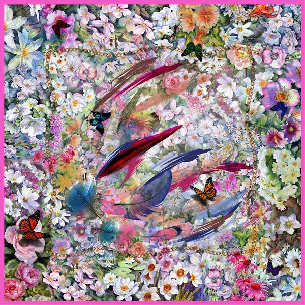 روسری باغ گل با پروانه های رنگارنگ زیبا