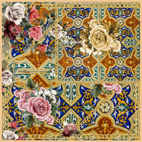 روسری با الگوی ایرانی و گل های نقاشی