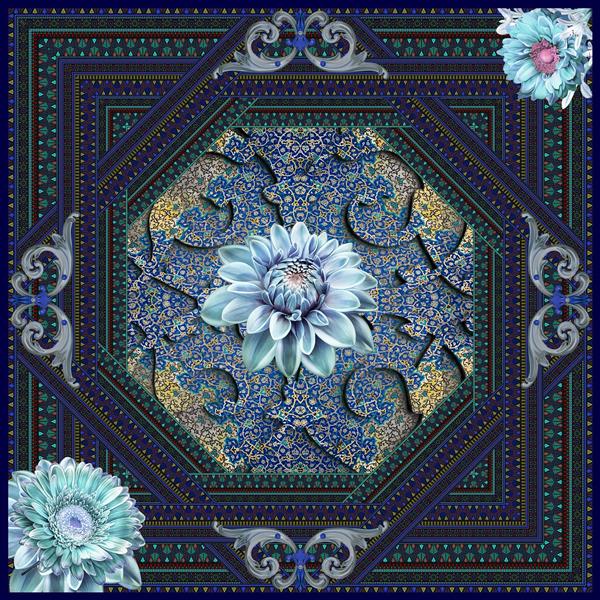 روسری سرمه ای با گل های آبی واقعی و باروک سلطنتی