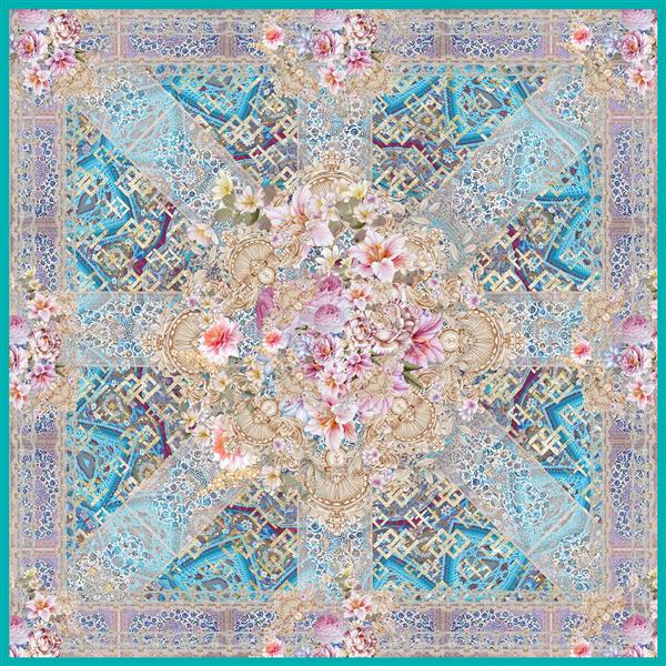 روسری گلدار آبی دریایی با گل صورتی و طرح ایرانی