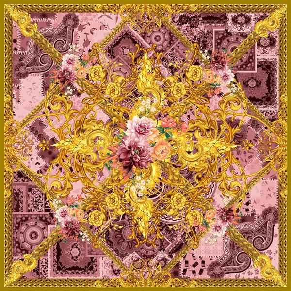 روسری گلدار باروک سلطنتی طلایی با پس زمینه فرش صورتی