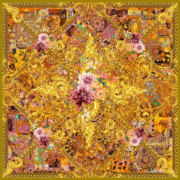 روسری گلدار باروک سلطنتی طلایی با فرش رنگارنگ
