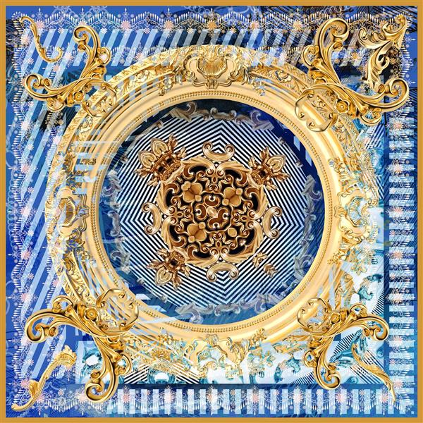 روسری باروک کلاسیک طلایی با زمینه آبی