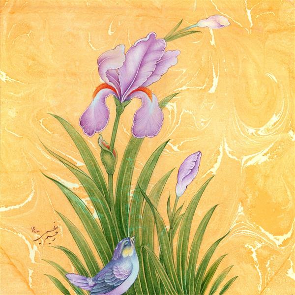 گل و مرغ نگارگری نقاشی مینیاتور ایرانی زیبا اثر رحیم عظیمی