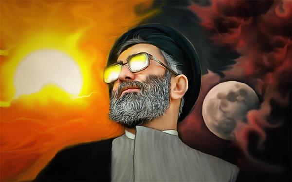 نقاشی چهره رهبر انقلاب آیت الله خامنه ای در پس زمینه ماه و خورشید اثر احسان شعبانی
