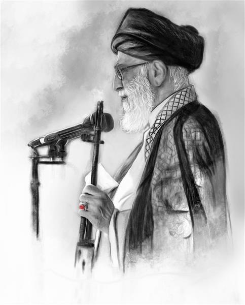تصویرسازی آیت الله سید علی خامنه ای با تفنگ در حال سخنرانی اثر احسان شعبانی