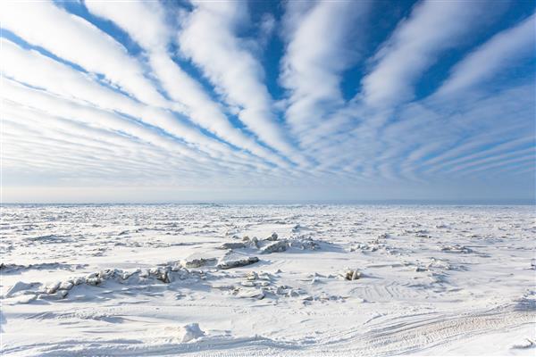 عکس هوایی از دریای یخ زده در دایره قطب شمال نزدیک بارو آلاسکا