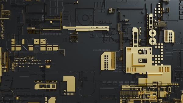 مدارهای الکترونیکی با طلایی در زمینه مشکی رندر و تصویرسازی سه بعدی