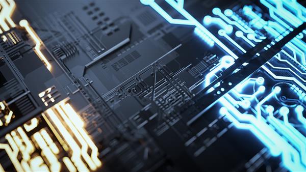مدارهای الکترونیکی با طلایی در زمینه مشکی رندر و تصویرسازی سه بعدی