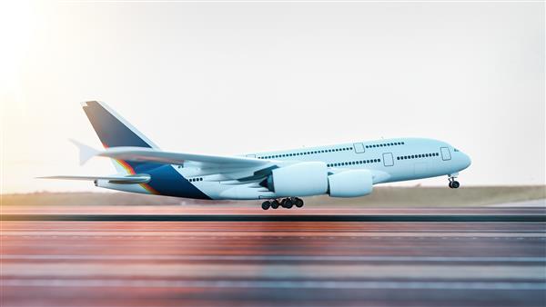 پرواز هواپیما از فرودگاه رندر و تصویرسازی سه بعدی