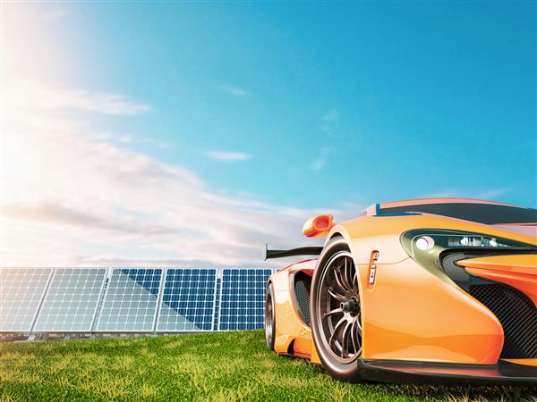 خودروهای انرژی طبیعی و پنل های خورشیدی رندر و تصویرسازی سه بعدی