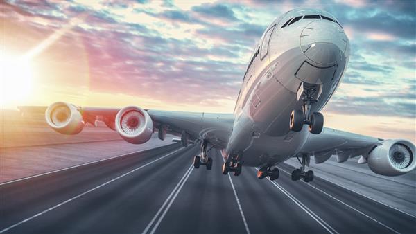 پرواز هواپیما از فرودگاه رندر و تصویر سه بعدی