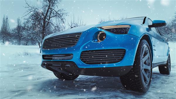 زمان زمستان و ماشین در برف رندر و تصویرسازی سه بعدی