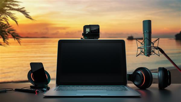 مفهوم ایده های پروژه صحنه ضبط تجهیزات پخش زنده ویدئو دریا هدفون با کامپیوتر لپ تاپ تلفن همراه رندر و تصویر سه بعدی