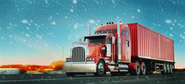 کامیون قرمز و برف رندر و تصویر سه بعدی