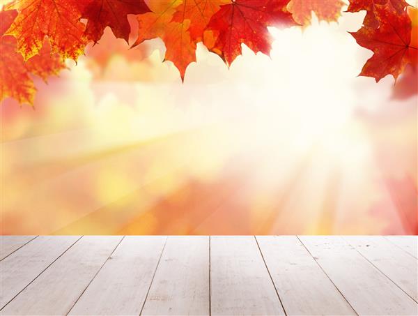 برگ های قرمز پاییزی میز چوبی خالی گرانج و درخشش در پس زمینه پاییزی ماکت الگوی فضای باز برای نمایش محصول