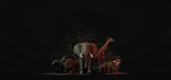 گروه بزرگی از حیوانات وحشی مختلف باغ وحش وحشی در پس‌زمینه مشکی سه بعدی و تصویرگر