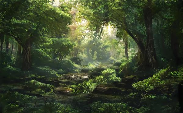 آثار هنری منظره ای افسانه ای از کوه ها درختان رودخانه ها و چمن ها طرحی فانتزی از طبیعت شگفت انگیز است طرحی از درختان زیبای عرفانی تصویر