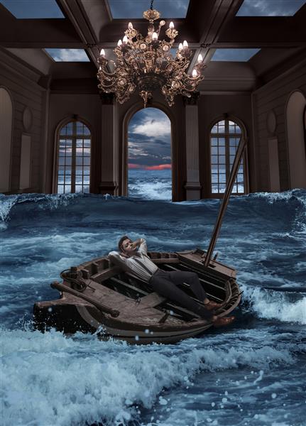 مرد زیبا در قایق در اتاق با طوفان