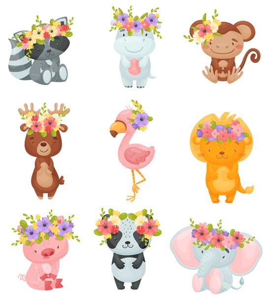 مجموعه ای از حیوانات کارتونی با تاج گل بر روی سر