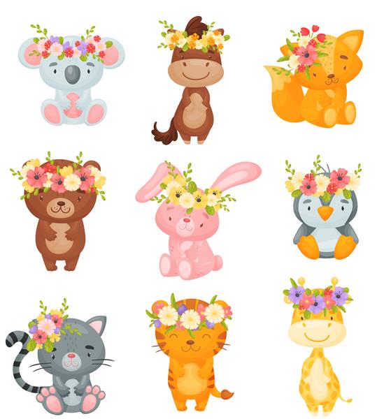 مجموعه ای از حیوانات کارتونی با تاج گل بر روی سر