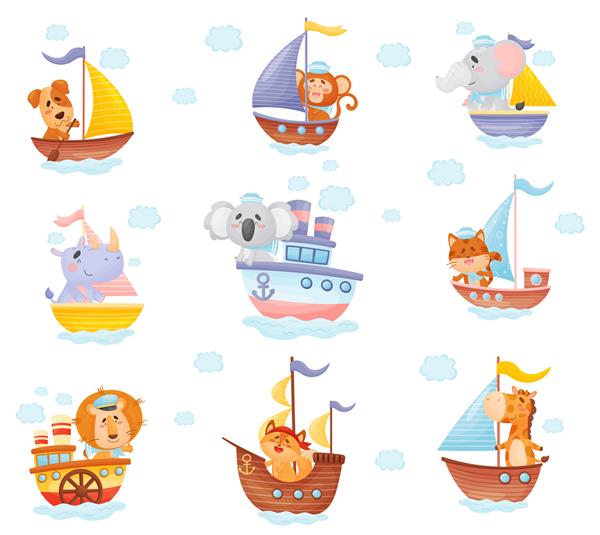 مجموعه ای از حیوانات کارتونی در قایق در انواع مختلف