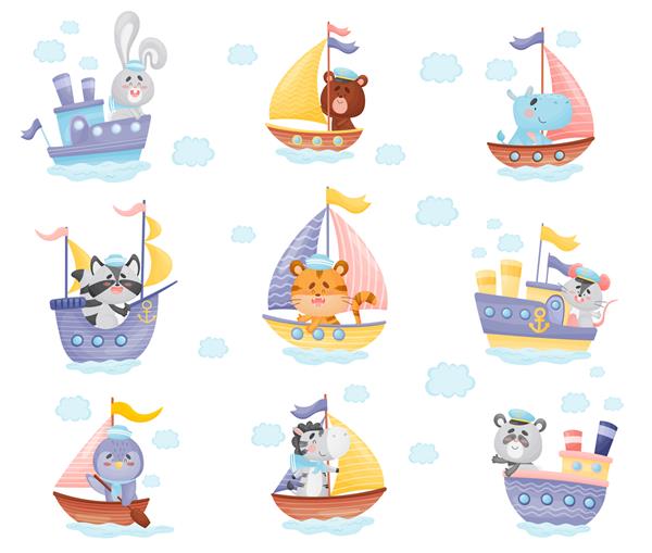 مجموعه ای از قایق های مختلف با کاپیتان حیوانات کارتونی