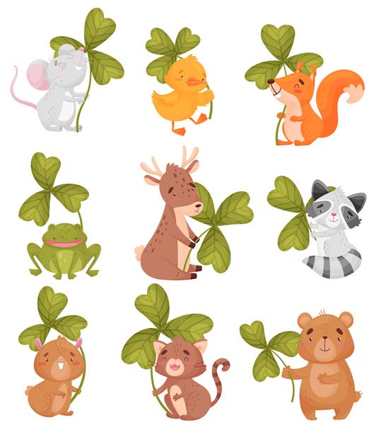 ست حیوانات کارتونی با برگ شبدر