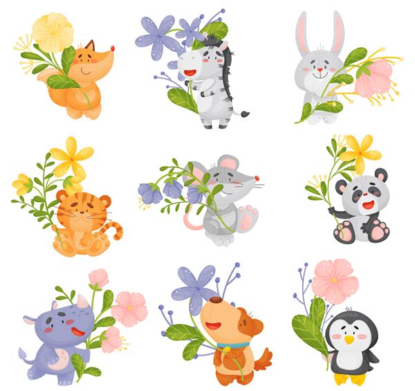 مجموعه ای از حیوانات ناز مختلف با گل