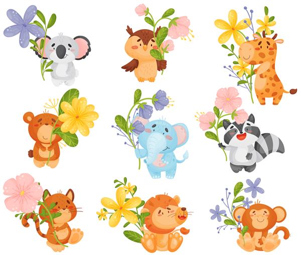 مجموعه ای از حیوانات کارتونی مختلف با گل