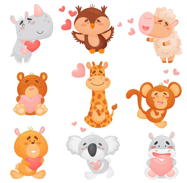 مجموعه ای از حیوانات کارتونی مختلف عاشق