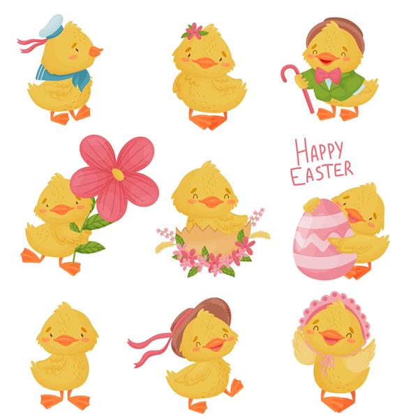 مجموعه جوجه اردک های زرد ناز انسانی در لباس های مختلف