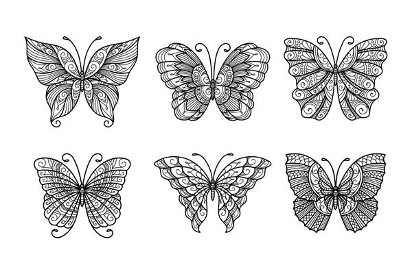 مجموعه ای از پروانه های خطی پروانه های تصویرسازی تک رنگ
