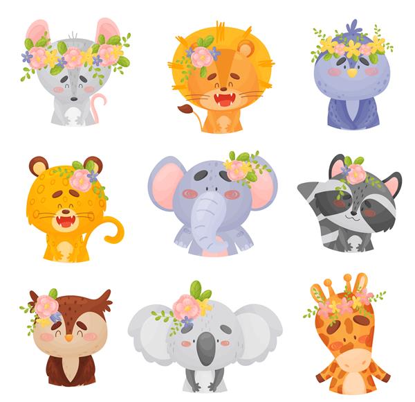 مجموعه ای از حیوانات کارتونی در تاج گل
