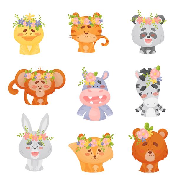 مجموعه ای از حیوانات کارتونی بامزه با گل روی سرشان