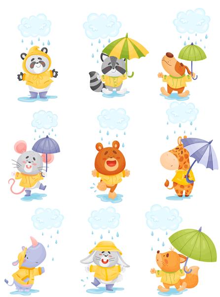 حیوانات کارتونی ناز با کت بارانی زیر باران راه می روند