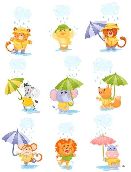 حیوانات کارتونی انسان‌شده با بارانی‌های زرد زیر باران راه می‌روند