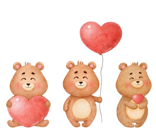 مجموعه ای از خرس های عاشق تصاویر آبرنگ برای روز ولنتاین