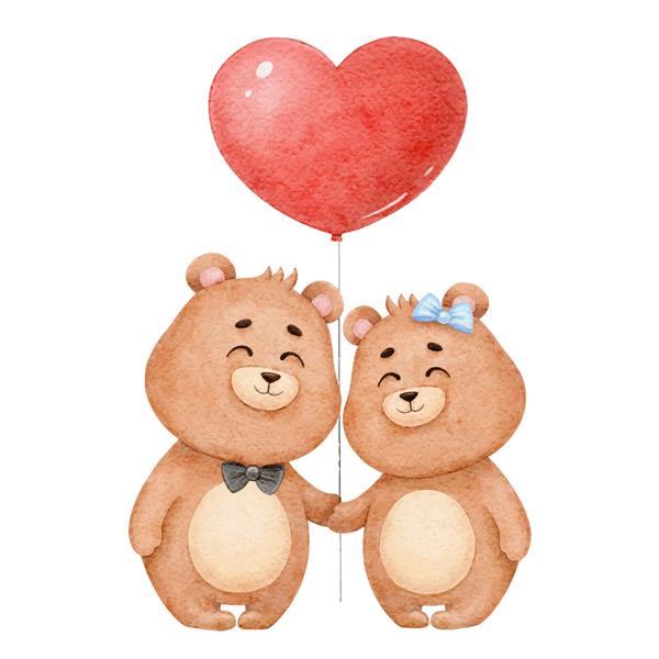 دو خرس ناز عاشق یک قلب بادکنکی تصویر آبرنگ برای روز ولنتاین