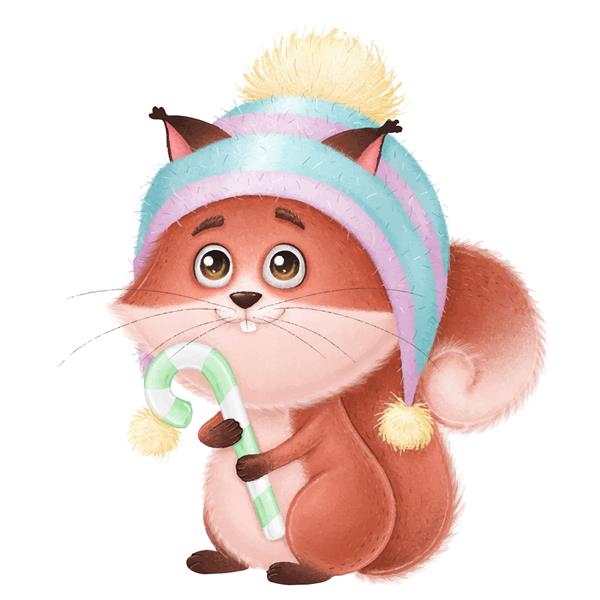 سنجاب ناز با کلاه با آب نبات تصویر تعطیلات کودکان برای کارت های سال نو