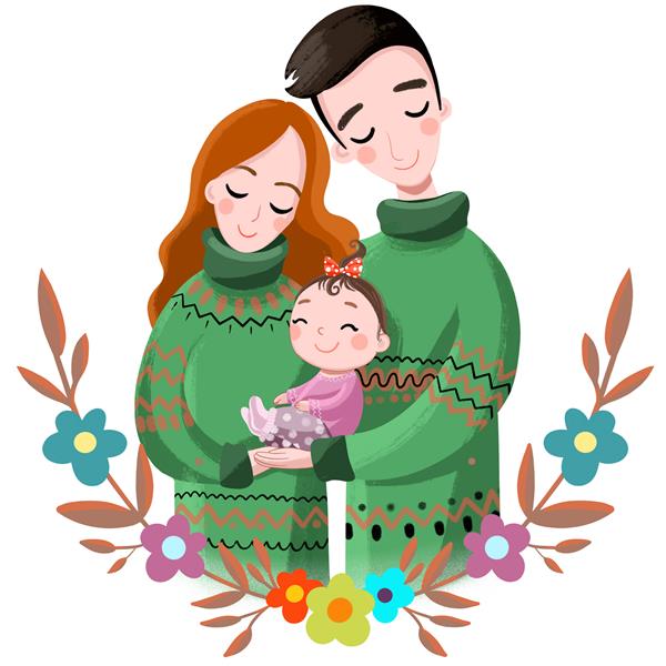 تصویر خانواده مادر پدر و دختر بچه در ژاکت های سبز زیبا زیبا