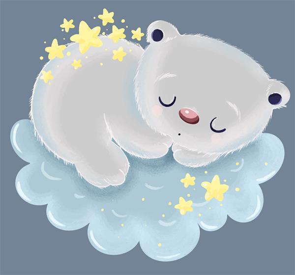 تصویر خرس خاکستری بامزه با ستاره هایی که روی پشتش روی ابر می خوابد