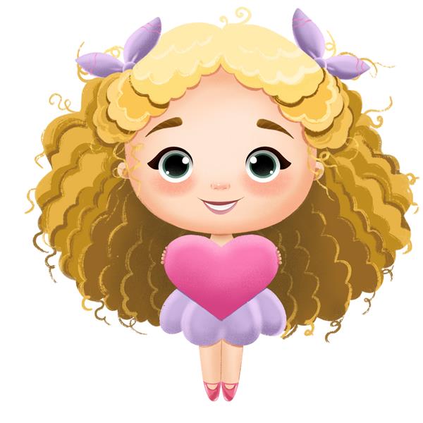 تصویر عروسک دختر بچه بامزه با موهای بلند و قلب برای روز ولنتاین